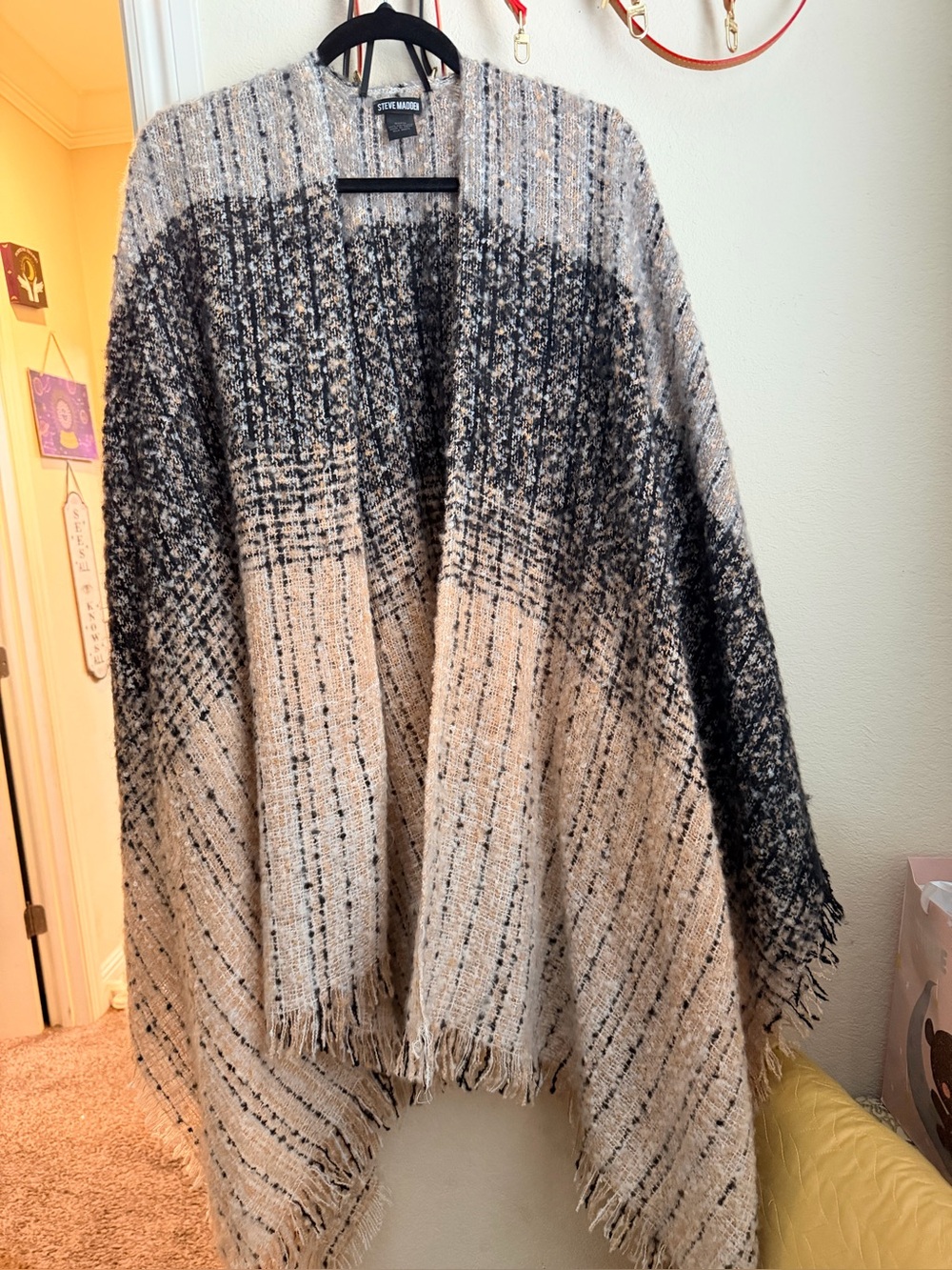 New Steve Madden shawl/Knit Poncho Sweater - Cream and Black one size fits all